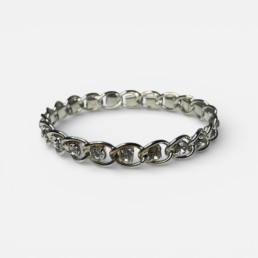 Vintage Silver Tone Rhinestone Bangle Bracelet Fixed Link Clear Crystal 7.5”